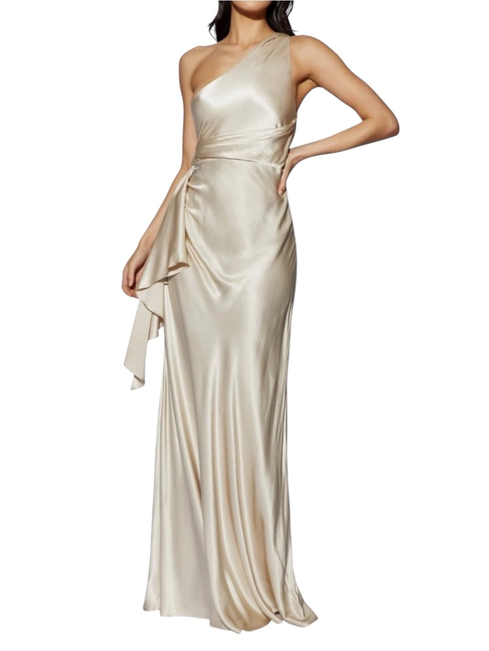 Meshki Calliope One Shoulder Satin Gown Maxi Dress LARGE in Champagne